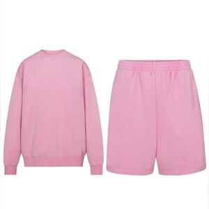 🔥SET SKIMS Boyfriend Fleece Short AND Boyfriend Fleece Pullover BUBBLE GUM SMALL
